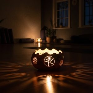 Portavelas con dibujos tallados a mano